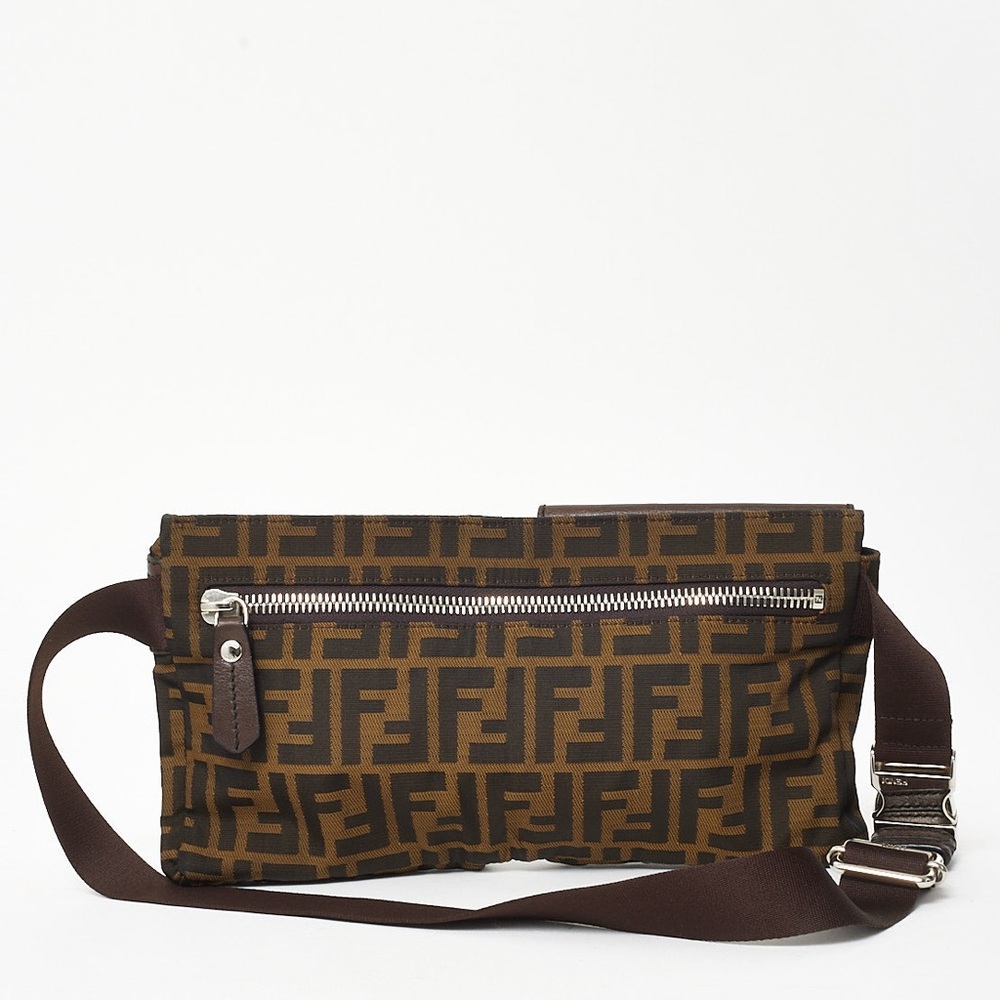 FENDI Brown Tobacco FF Zucca Print Canvas Double Pocket Belt Bag - Picture 3 of 4